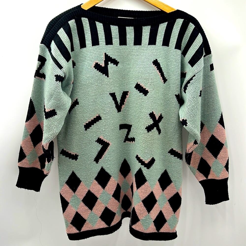 VINTAGE 1987 DRESSY TESSY WOMEN WORD WOVEN SWEATER SIZE MEDIUM BLUE BLACK PINK